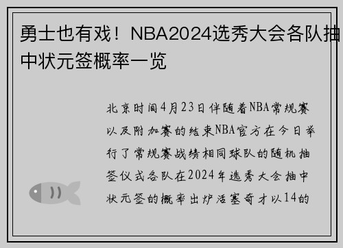 勇士也有戏！NBA2024选秀大会各队抽中状元签概率一览