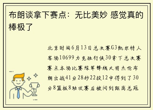 布朗谈拿下赛点：无比美妙 感觉真的棒极了