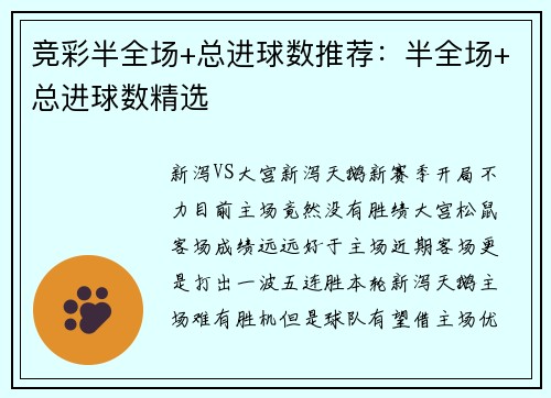 竞彩半全场+总进球数推荐：半全场+总进球数精选