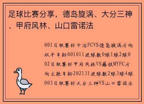 足球比赛分享，德岛旋涡、大分三神、甲府风林、山口雷诺法
