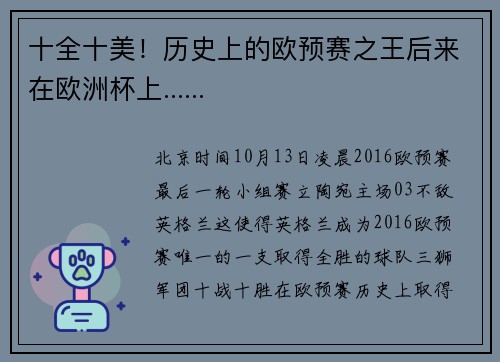 十全十美！历史上的欧预赛之王后来在欧洲杯上......